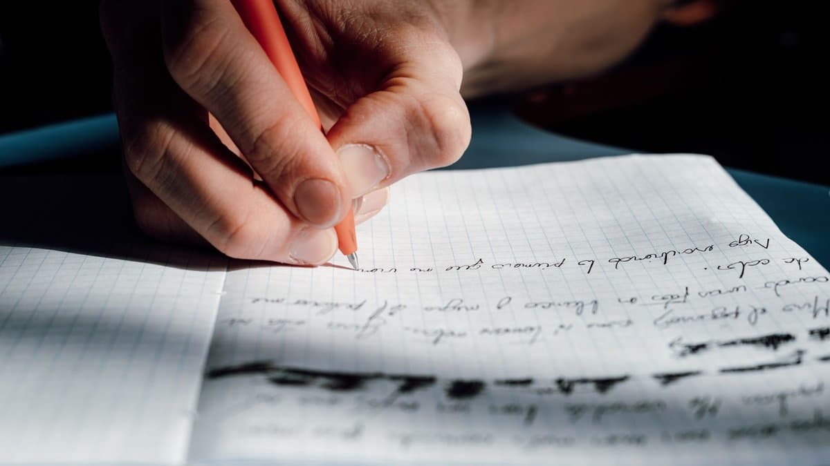 Hand schreibt mit Kugelschreiber handschriftlich auf kariertem Papier, einzelne Zeilen sind durchgestrichen