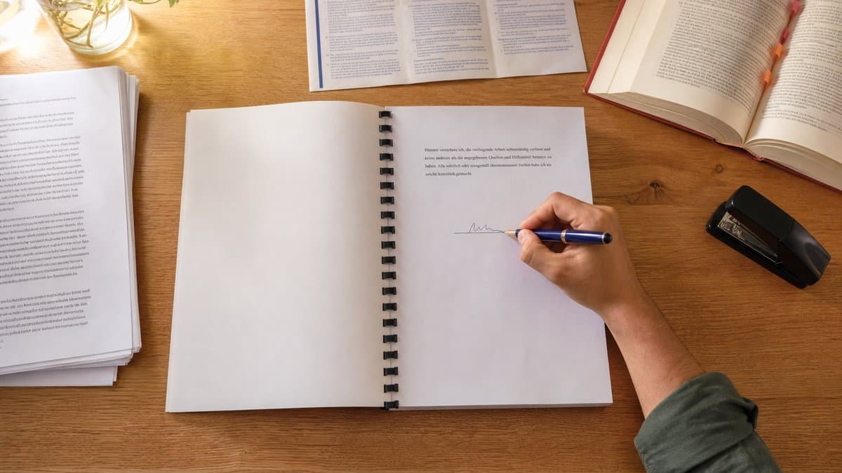 Blick von oben auf einen Schreibtisch, eine Hand setzt mit einem Füller die Unterschrift unter die letzte Seite einer gebundenen Hausarbeit