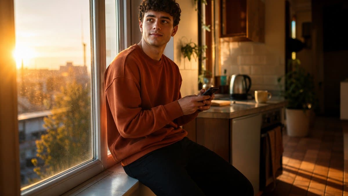 Student sitzt bei Sonnenuntergang auf der Fensterbank einer Küche und schaut nachdenklich mit dem Handy in der Hand nach draußen