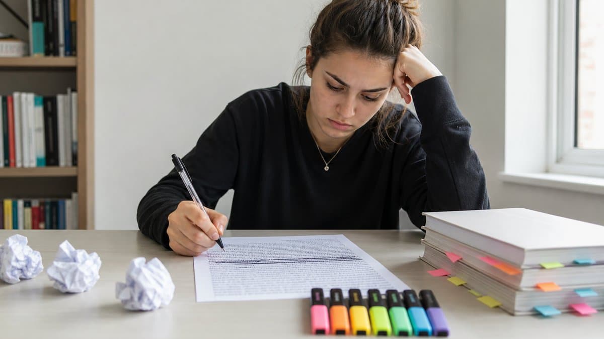 Studentin streicht am Schreibtisch einen selbst geschriebenen Text durch, daneben zerknüllte Blätter, ausgerichtete Textmarker und Kommentare mit Klebezetteln