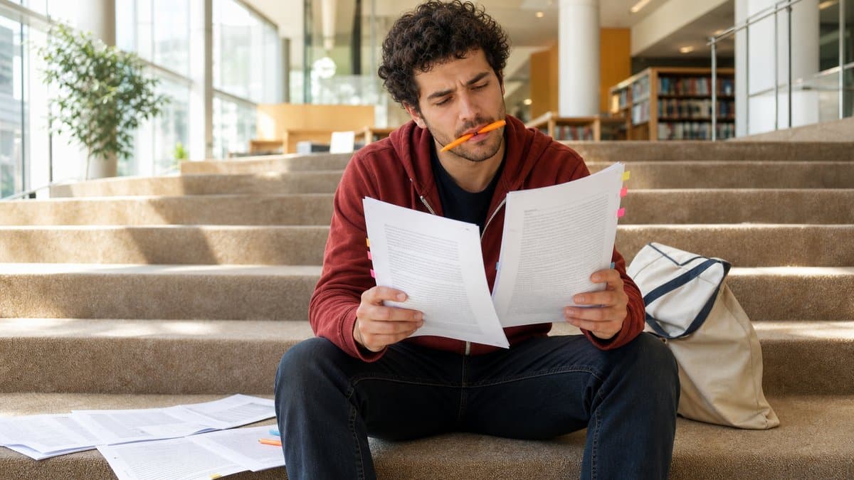 Student sitzt auf den Stufen einer Bibliothek und vergleicht zwei ausgedruckte Protokolle, weitere Seiten liegen neben ihm