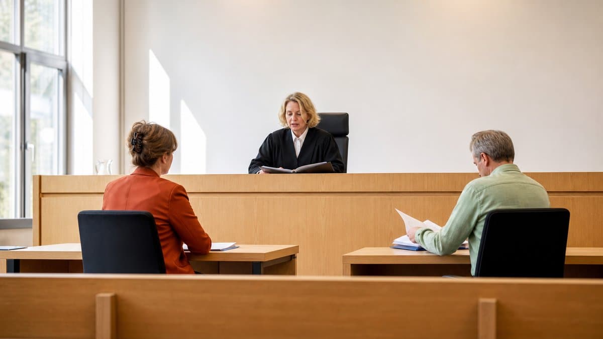 Richterin in schwarzer Robe am Richtertisch, davor zwei Prozessparteien an ihren Tischen in einem hellen Gerichtssaal