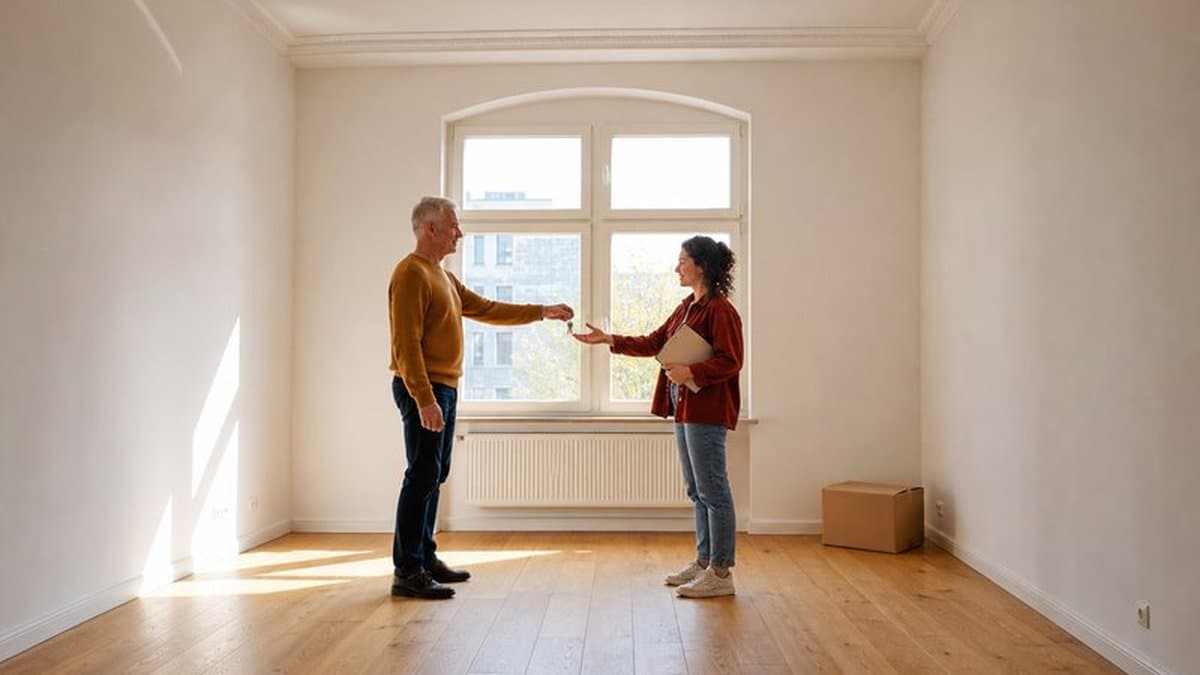 Ein Vermieter übergibt einer jungen Frau den Wohnungsschlüssel in einer leeren, hellen Altbauwohnung