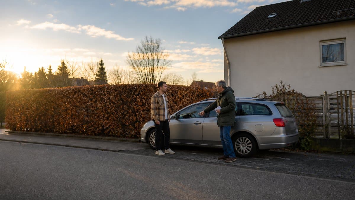Zwei Männer stehen am späten Nachmittag neben einem silbernen Kombi in einer Wohnstraße, der ältere zeigt auf das Auto und hält ein gefaltetes Papier in der Hand