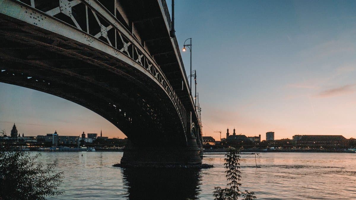 Die Theodor-Heuss-Brücke über den Rhein bei Mainz im Abendlicht, dahinter die Silhouette der Stadt