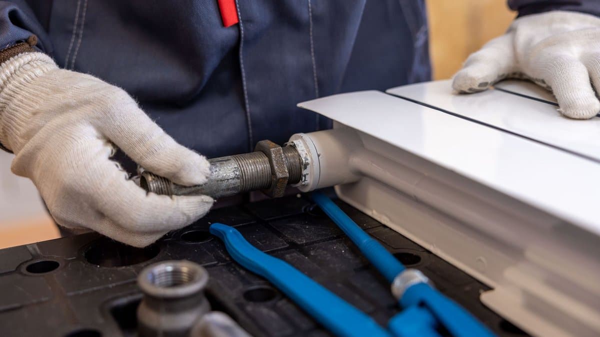 Handwerker in Arbeitskleidung montiert mit Handschuhen ein Heizungsrohr an einem Heizkörper