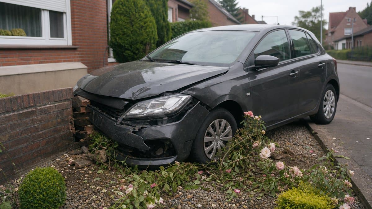 Dunkelgrauer Kleinwagen mit eingedrückter Front an einer Gartenmauer, davor ein überfahrenes Rosenbeet