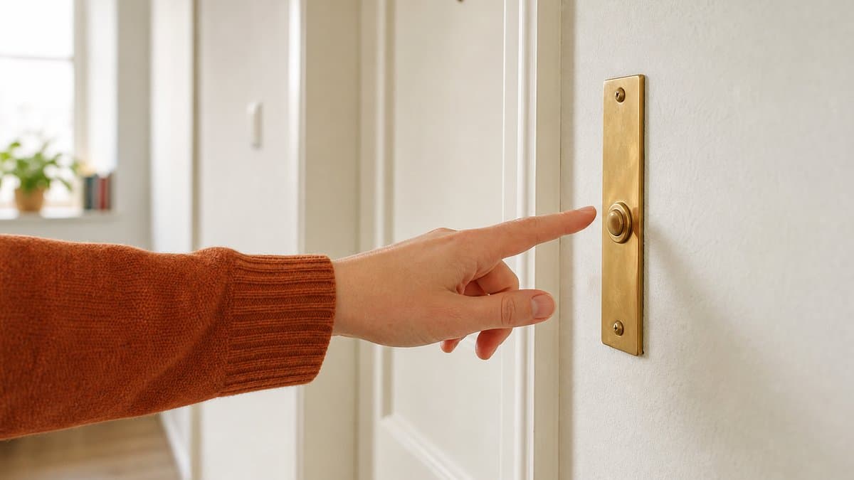 Eine Hand mit ausgestrecktem Zeigefinger kurz vor einem messingfarbenen Klingelknopf neben einer Wohnungstür