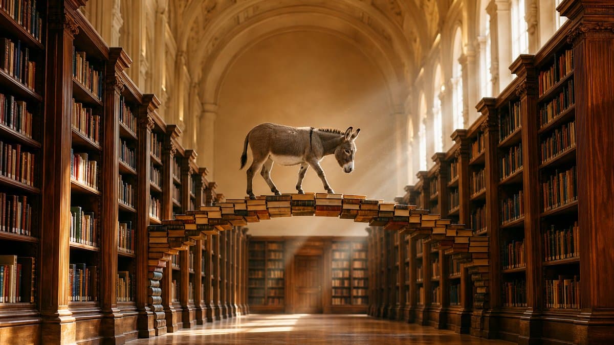 Ein Esel läuft über eine Brücke aus gestapelten Büchern in einem großen Bibliothekssaal
