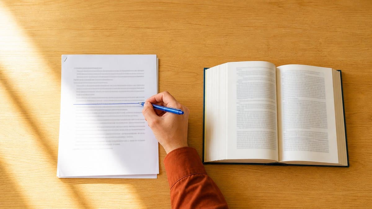 Aufsicht auf einen Tisch: eine Hand streicht mit einem Kugelschreiber eine Zeile in einem ausgedruckten Vertrag durch, daneben liegt ein aufgeschlagenes Gesetzbuch
