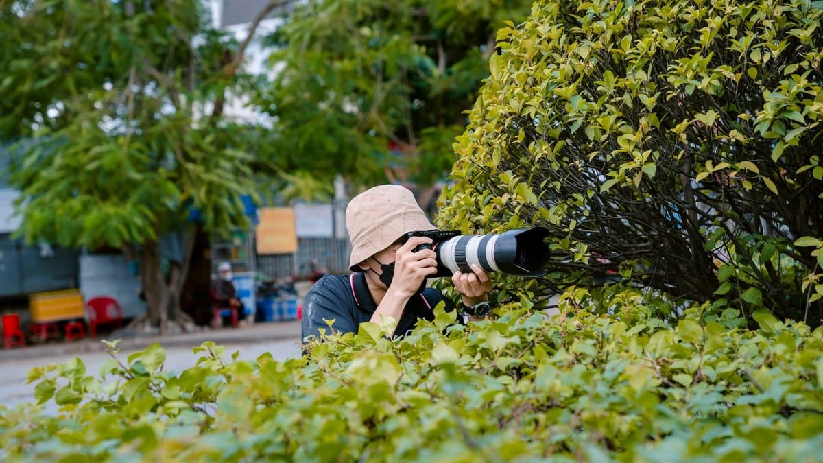 Fotograf mit langem Teleobjektiv fotografiert versteckt aus einer Hecke heraus