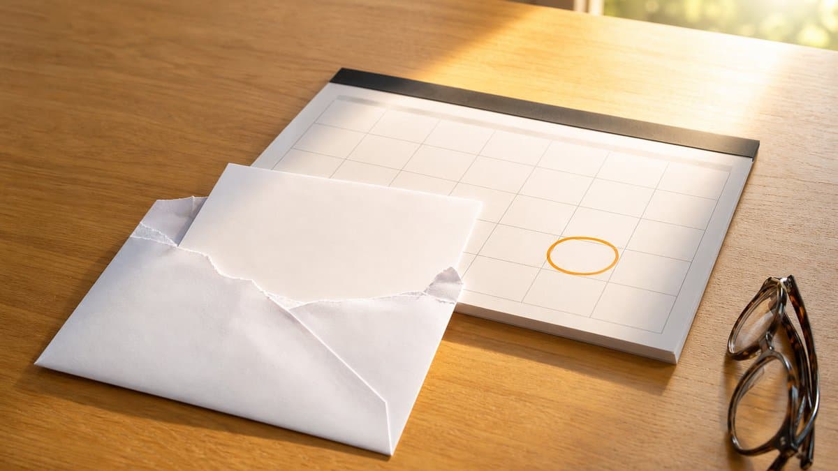Aufgerissener Briefumschlag mit weißem Brief neben einem Tischkalender, ein Datum orange umkringelt
