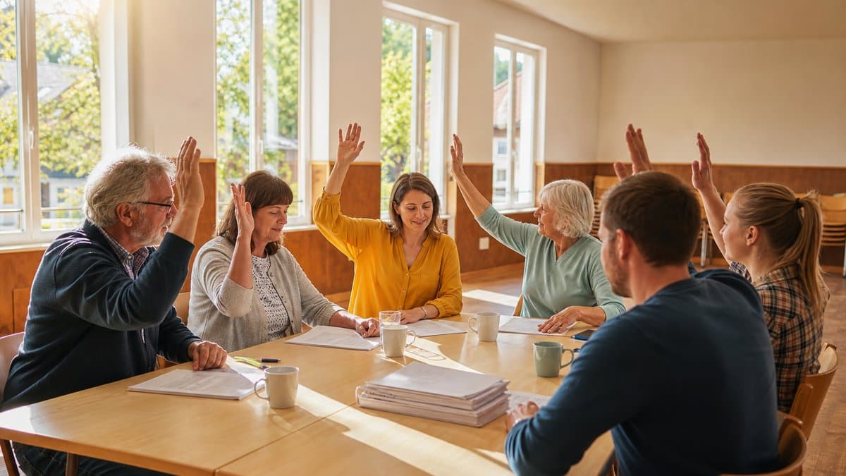 Sechs Menschen sitzen an einem langen Holztisch in einem hellen Vereinsheim und heben bei einer Abstimmung die Hand