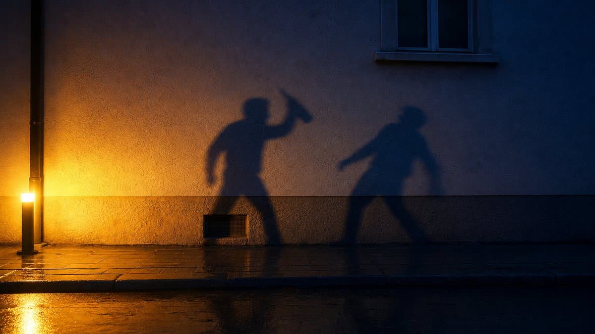 Zwei lange Schatten an einer Hauswand bei Nacht, einer holt mit einer Flasche aus, der andere weicht zurück