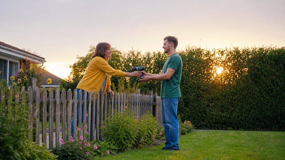 Frau reicht einem jungen Mann über einen Gartenzaun einen Akkuschrauber, Abendsonne im Hintergrund