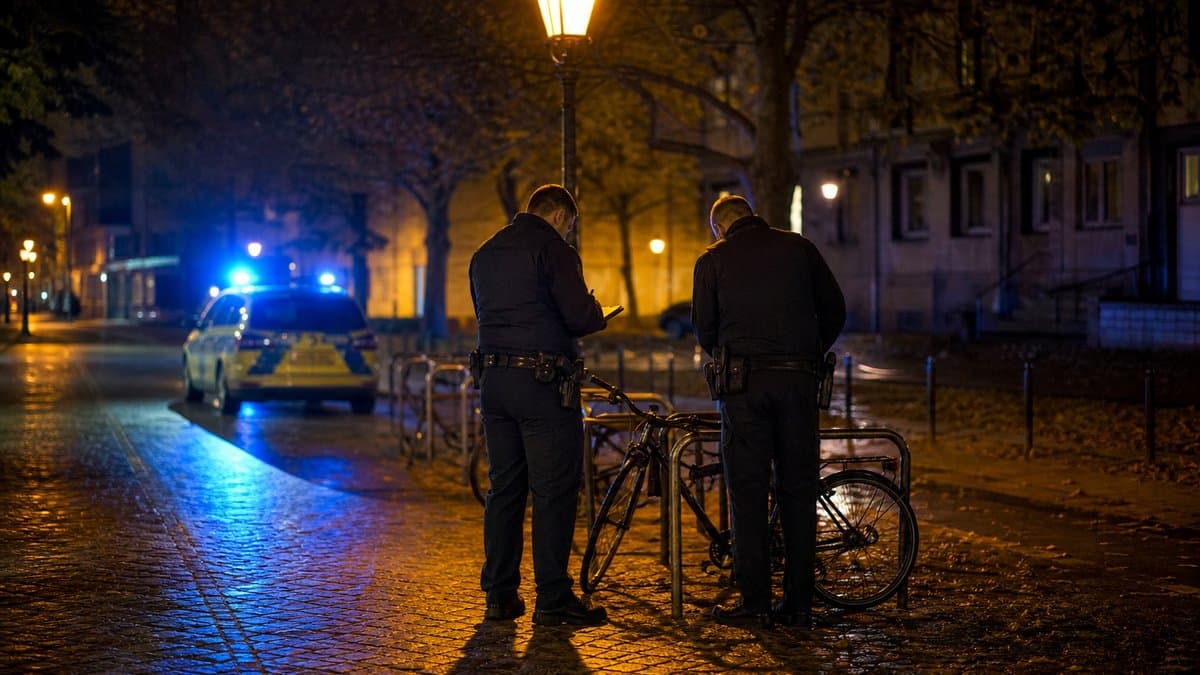 Zwei Polizeibeamte stehen nachts an einem Fahrradständer und notieren etwas, im Hintergrund ein Streifenwagen mit Blaulicht