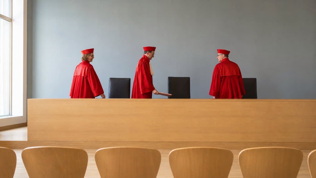 Drei Richterinnen und Richter in roten Roben gehen im Gerichtssaal hinter der Richterbank zu ihren Plätzen