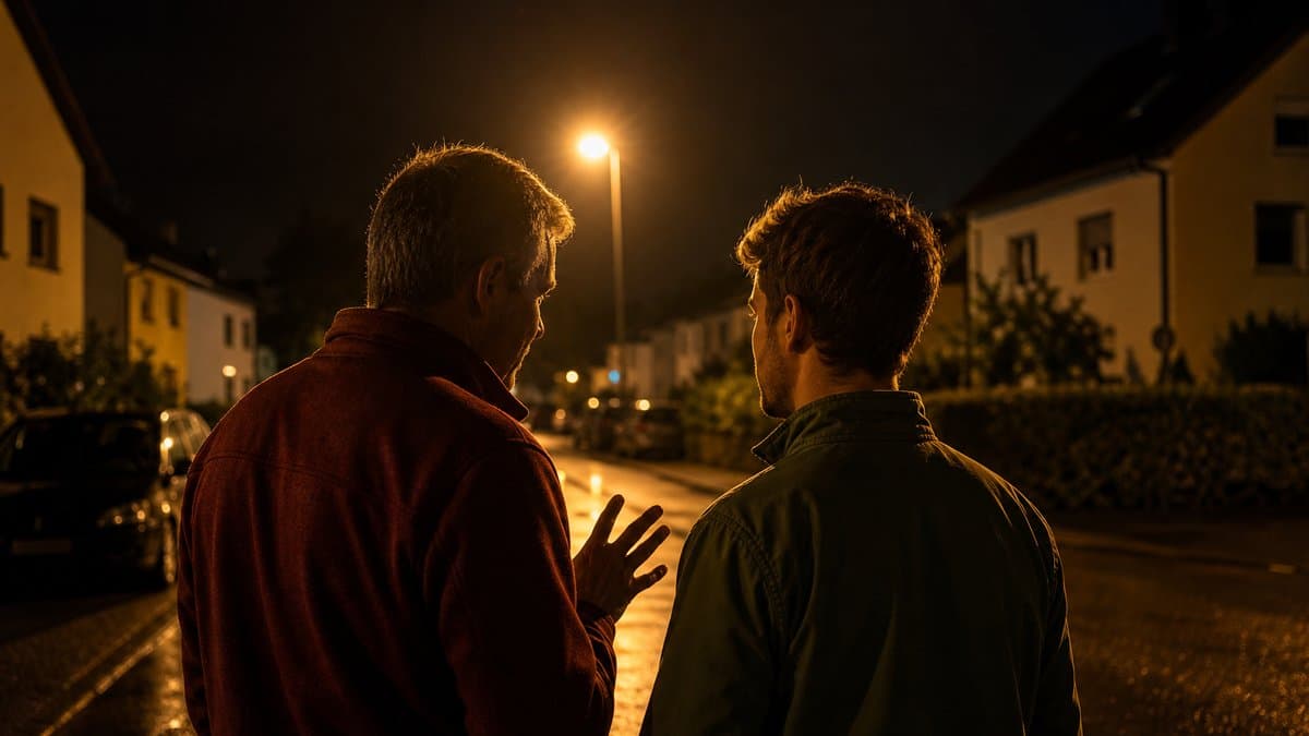 Zwei Männer stehen abends unter einer Straßenlaterne und sprechen leise miteinander