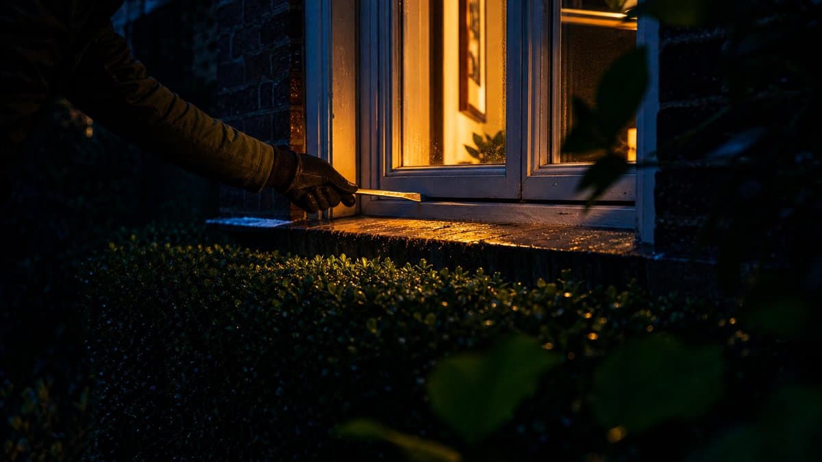 Behandschuhte Hand setzt nachts ein Brecheisen am Rahmen eines erleuchteten Erdgeschossfensters an