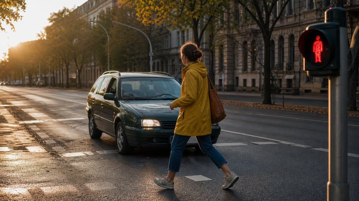 Frau im gelben Mantel überquert bei roter Fußgängerampel die Straße, ein Auto bremst vor ihr
