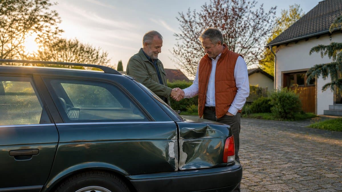 Zwei Männer geben sich in einer Einfahrt die Hand hinter einem grünen Kombi, dessen hinterer Kotflügel eine große Delle mit unlackierter Spachtelstelle zeigt