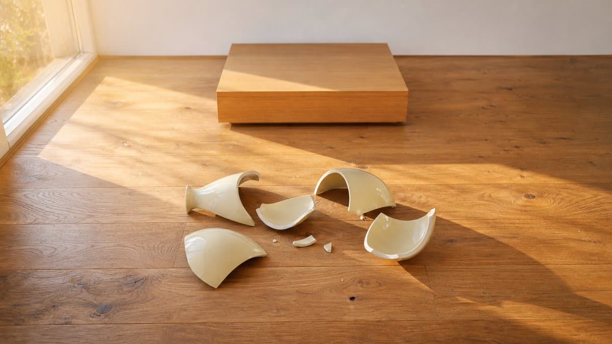 Zerbrochene Vase in Scherben vor einem leeren Sockel