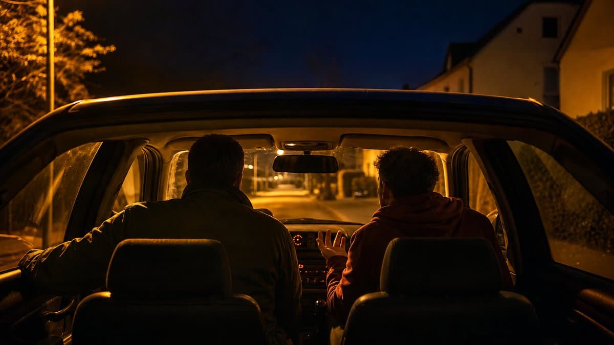 Zwei Männer sitzen nachts in einem parkenden Auto, von hinten gesehen, einer redet auf den anderen ein