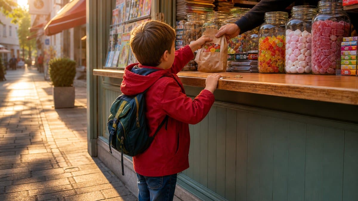 Kleiner Junge im roten Regenmantel nimmt an einem Kiosk eine Tüte Gummibärchen entgegen und legt Münzen auf die Theke