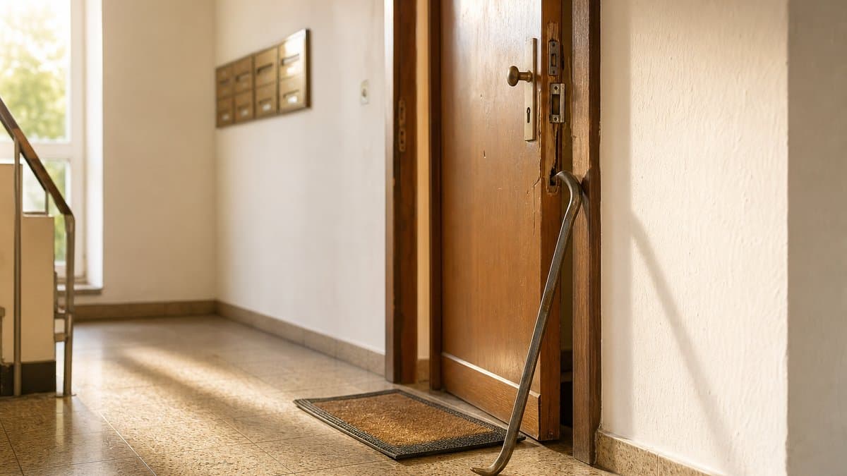 Ein Brecheisen lehnt an einer aufgehebelten Wohnungstür im Treppenhaus, Morgenlicht fällt auf den Fliesenboden