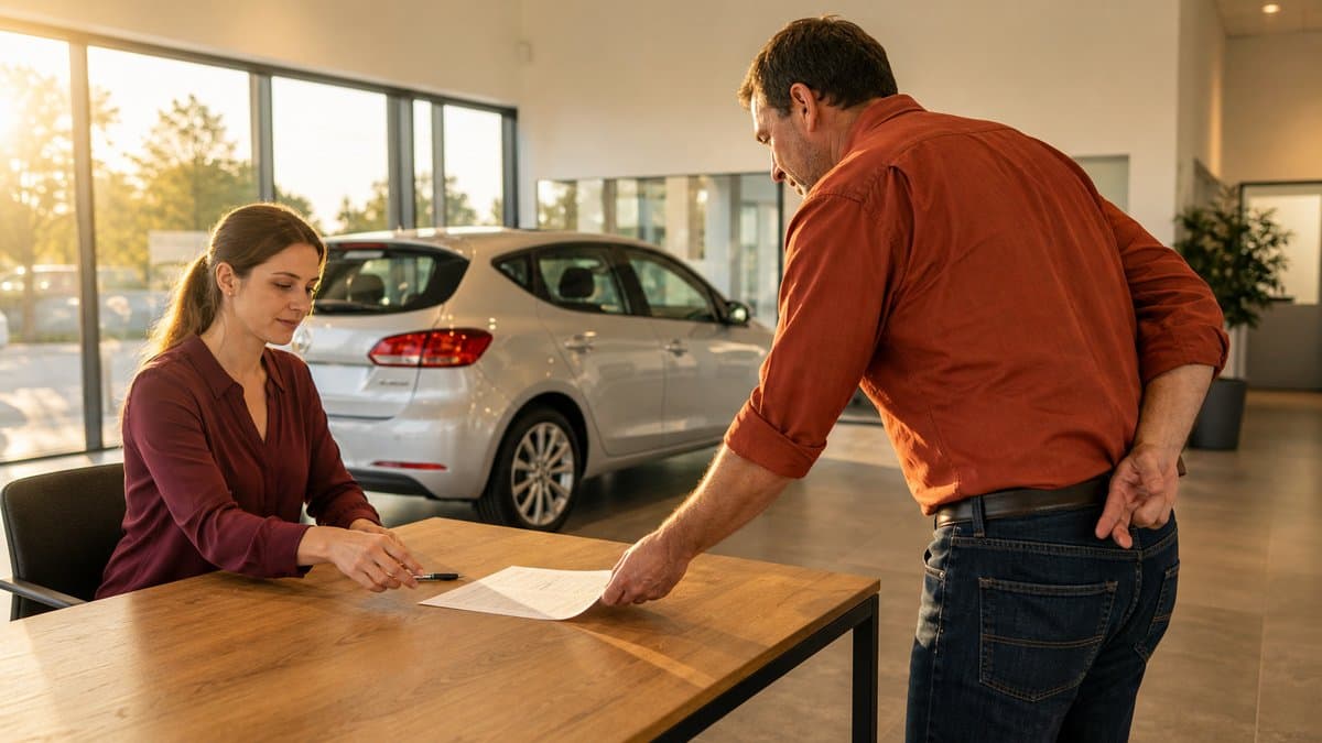 Verkäufer schiebt einer Käuferin im Autohaus einen Vertrag über den Tisch, seine andere Hand hält er hinter dem Rücken