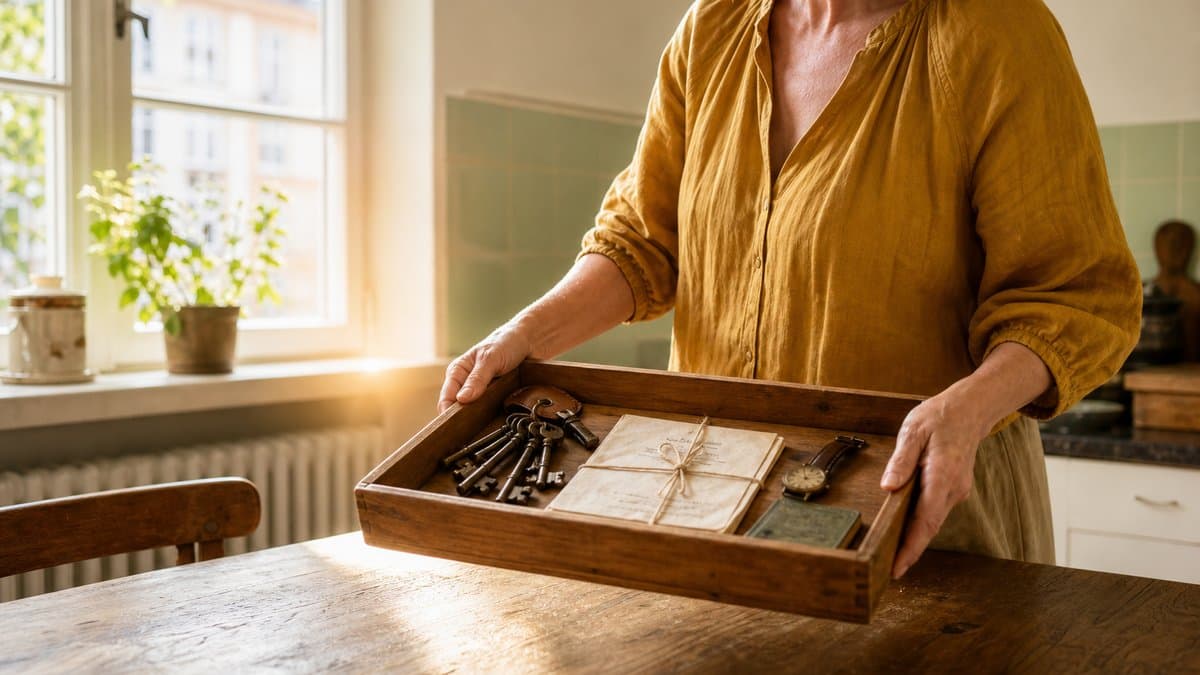 Frau stellt ein flaches Holztablett mit alten Schlüsseln, einem gebündelten Dokument, einer Taschenuhr und einem kleinen Heft auf einen Küchentisch