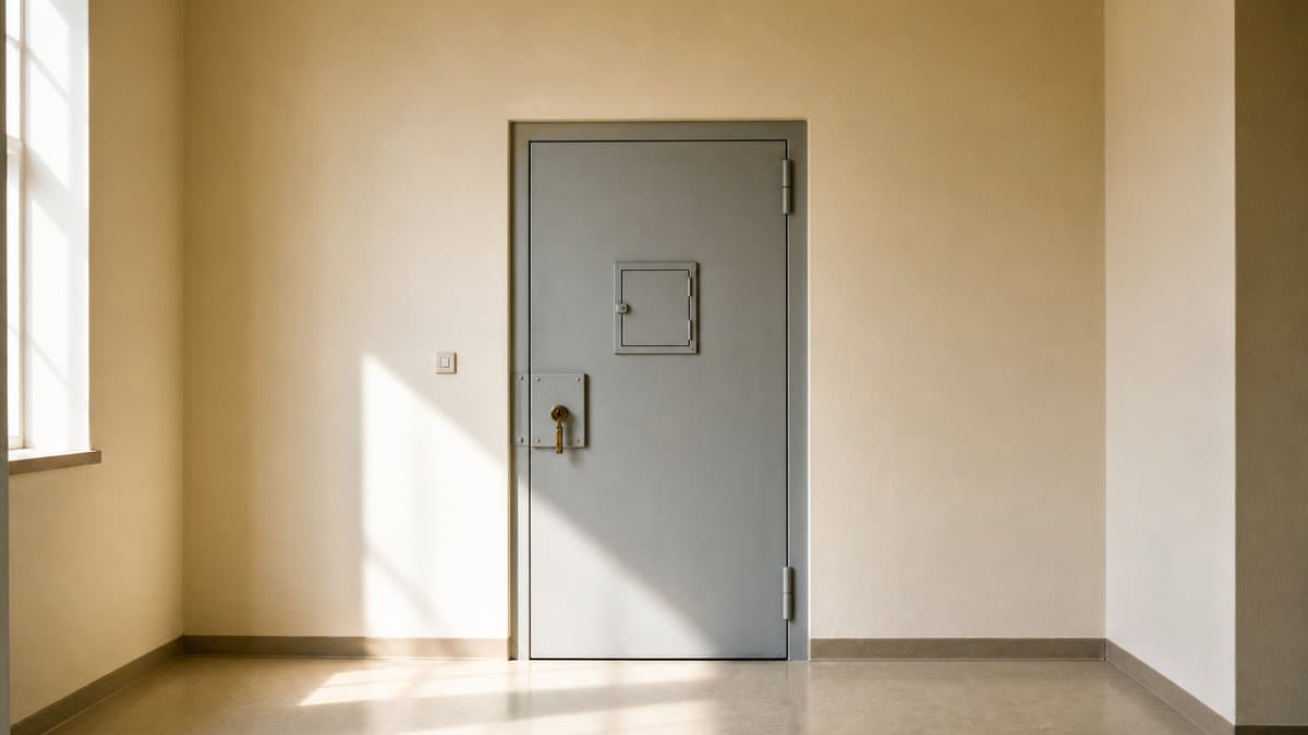 Geschlossene graue Stahltür einer Haftzelle mit Schlüssel im Schloss, Morgenlicht auf dem Flurboden