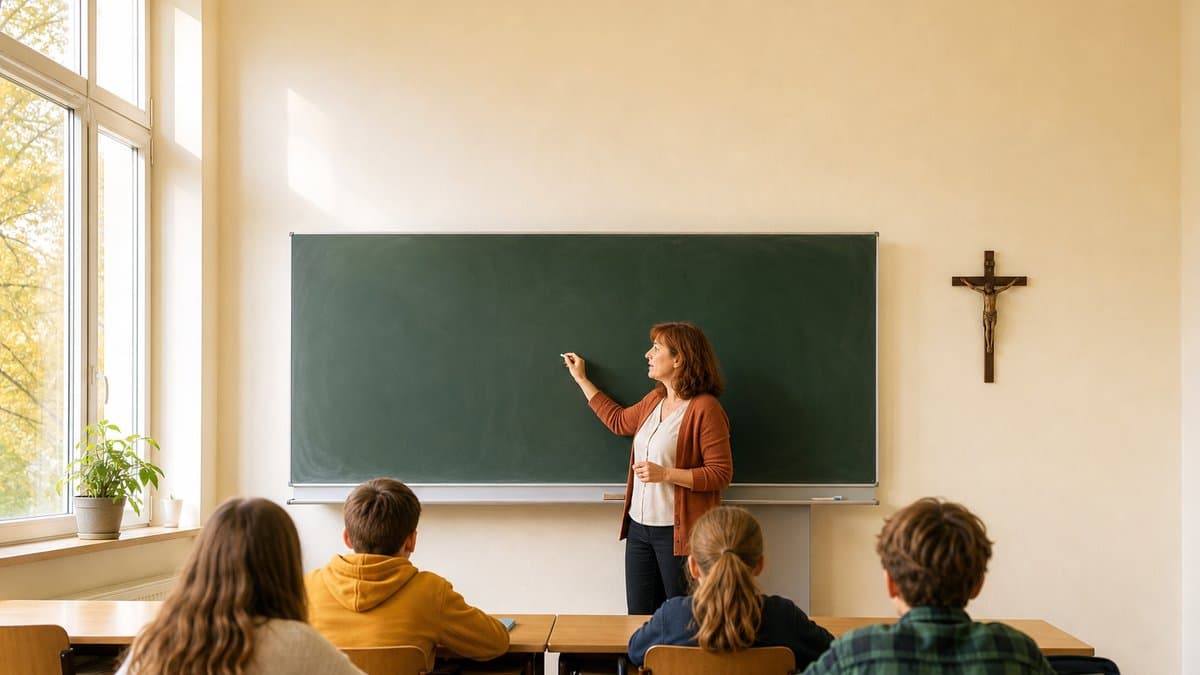 Klassenzimmer einer deutschen Schule, an der Wand neben der Tafel hängt ein Kruzifix, vorn unterrichtet eine Lehrerin