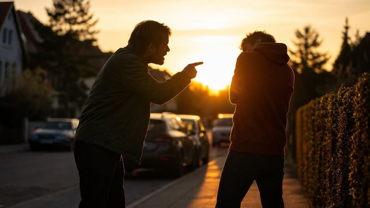 Zwei Männer stehen sich im Gegenlicht auf einer Wohnstraße gegenüber, einer zeigt mit dem Finger, der andere wendet sich ab