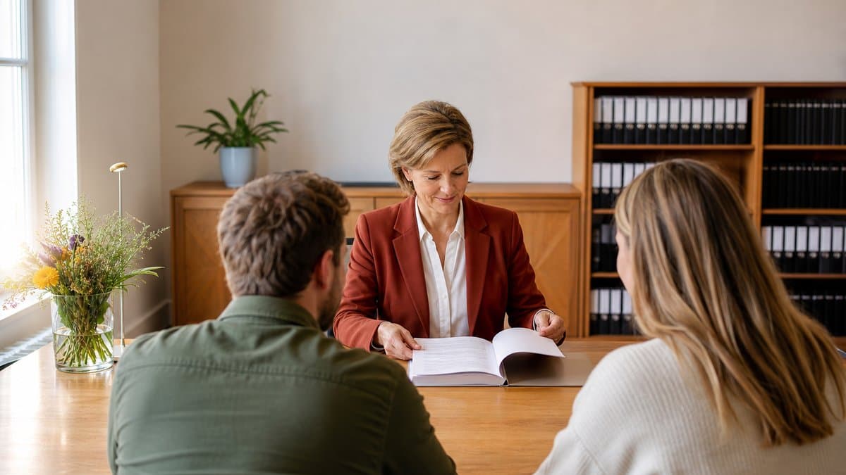 Notarin blättert am Schreibtisch in einer Urkunde, ihr gegenüber sitzen zwei Personen von hinten