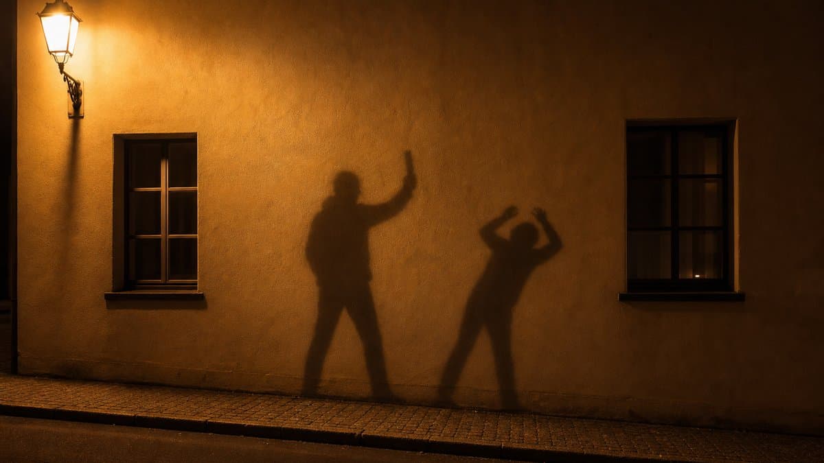Zwei lange Schatten an einer beleuchteten Hauswand bei Nacht, eine Gestalt hebt den Arm, die andere weicht zurück