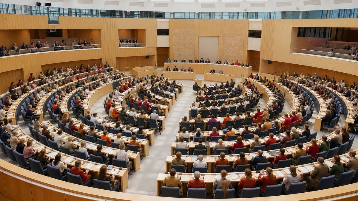 Blick von der Besucherempore auf einen gefüllten Plenarsaal, die Abgeordneten sitzen in durch Gänge getrennten Blöcken