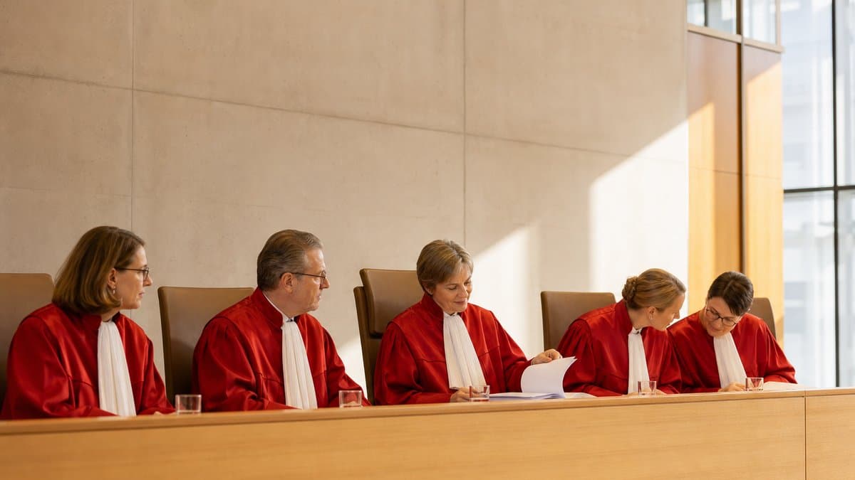 Fünf Richterinnen und Richter in roten Roben sitzen an der Richterbank und lesen in der Akte