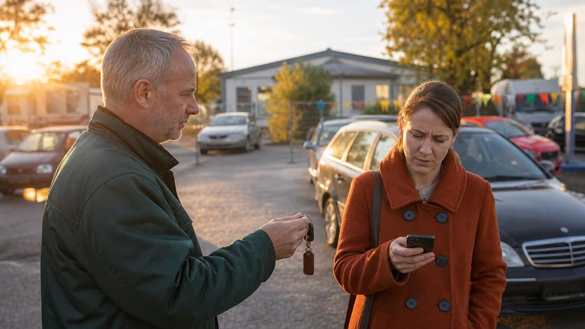 Ein Autoverkäufer hält einer Käuferin auf einem Gebrauchtwagenhof den Fahrzeugschlüssel hin, sie blickt zweifelnd auf ihr Handy