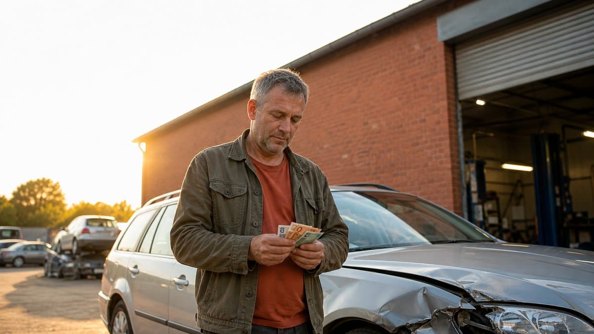 Ein Mann in Arbeitsjacke zählt auf dem Hof einer Kfz-Werkstatt Geldscheine, hinter ihm stehen mehrere Fahrzeuge