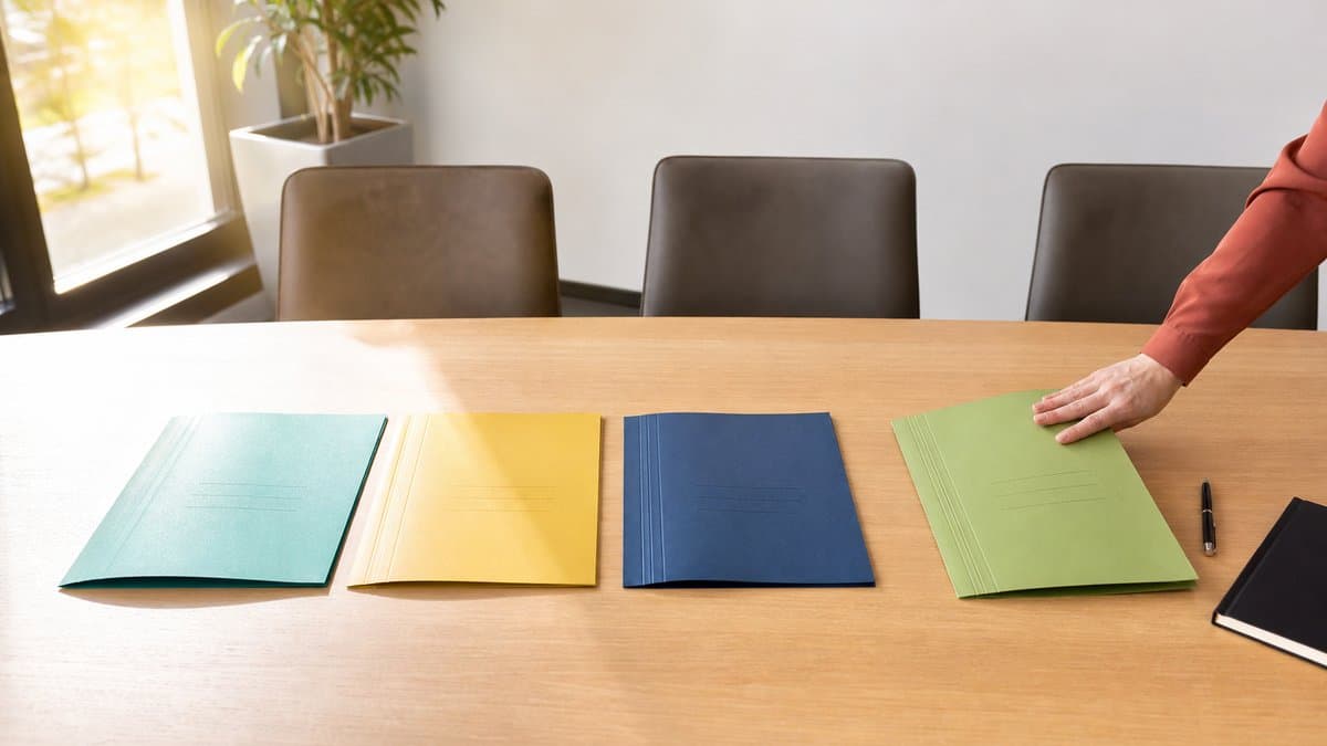 Vier farbige Bewerbungsmappen liegen nebeneinander auf einem Konferenztisch, eine Hand greift nach einer davon