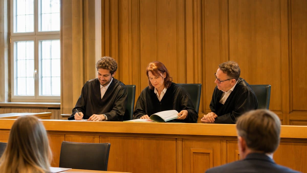 Drei Richterinnen und Richter in schwarzen Roben an der Richterbank eines Landgerichts, eine von ihnen blättert in der Akte