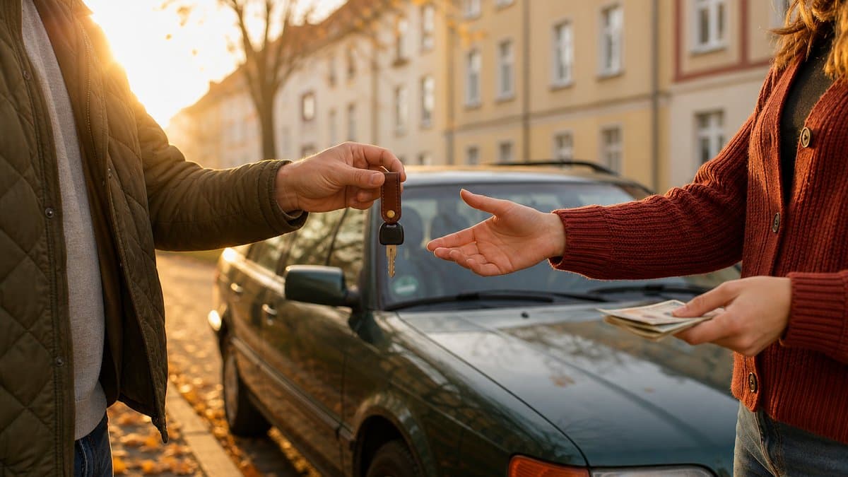 Ein Verkäufer hält einen Autoschlüssel fest, während die Käuferin danach greift und in der anderen Hand Geldscheine bereithält