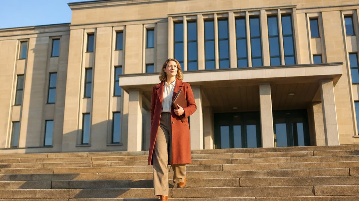 Frau mit Aktenmappe auf der Freitreppe eines Gerichtsgebäudes im Morgenlicht