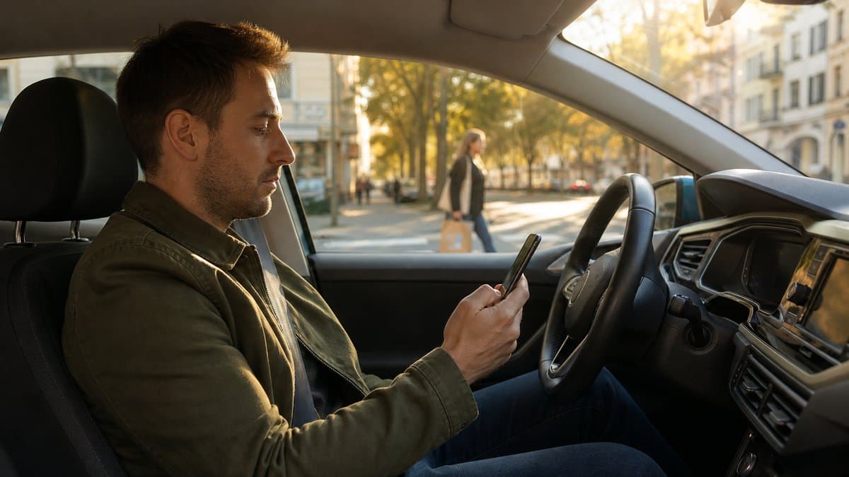 Autofahrer schaut auf sein Handy, während vor ihm eine Frau den Zebrastreifen betritt