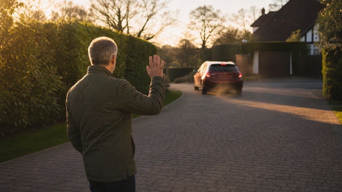 Mann winkt einem wegfahrenden roten Auto auf einer Einfahrt hinterher