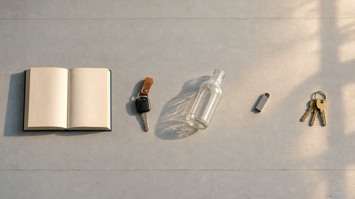 Aufsicht auf eine helle Tischplatte mit einem aufgeschlagenen Buch, einem Autoschlüssel, einer Glasflasche, einem USB-Stick und einem Schlüsselbund, klar voneinander abgegrenzt