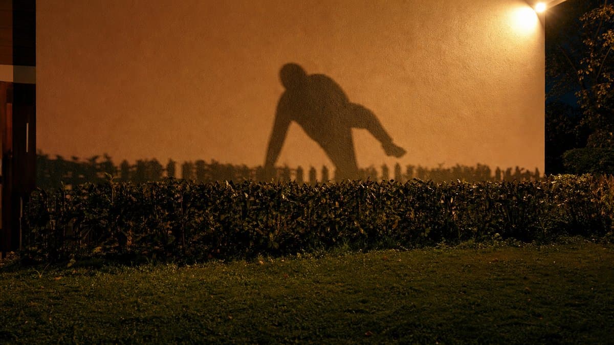 Schatten einer über einen Zaun steigenden Person an einer Hauswand bei Nacht.