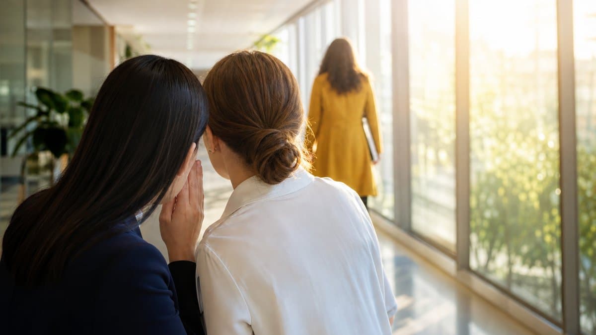 Zwei Kolleginnen tuscheln in einem hellen Bürokorridor, während eine Frau im gelben Mantel sich entfernt