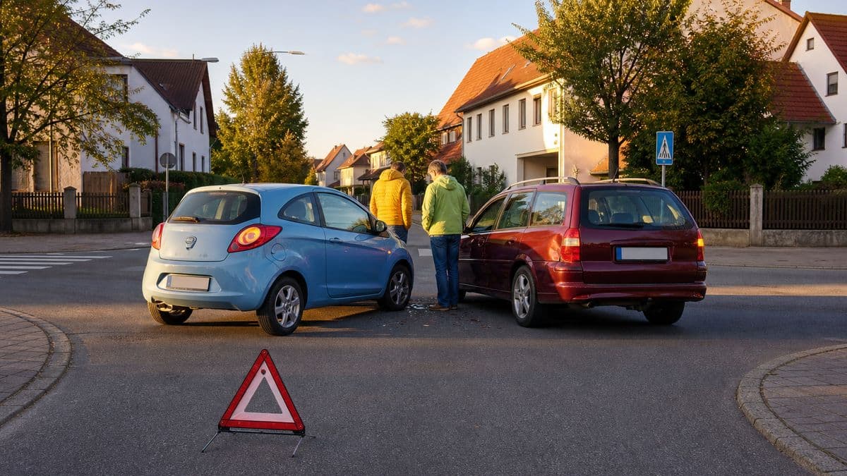 Zwei Autos nach einem leichten Zusammenstoß auf einer Kreuzung, davor ein Warndreieck auf der Fahrbahn
